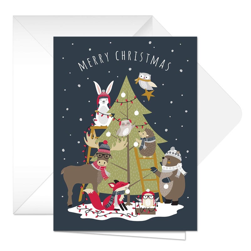 Canopy Street All Together Christmas Cards / 25 Forest Animals Holiday Greeting Cards / 4 5/8" x 6 1/4" Woodland Animal Merry Christmas Evergreen Tree Note Cards With Inside Verse - Image 3